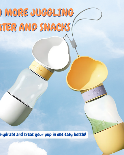 Two pet water and treat bottles with a sky background and text about hydrating and treating pets.