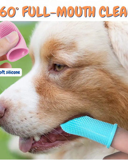 Dog being groomed with a pink and blue silicone tool, text '360° Full-Mouth Clean' and 'super soft silicone'.