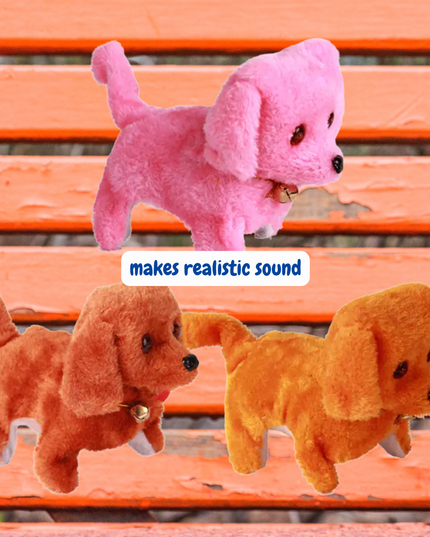 Three plush dog toys on an orange bench, with a pink toy at the top and two brown toys at the bottom.
