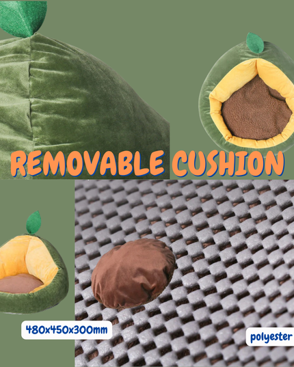 Green cushion with avocado design, removable cushion feature, and polyester fiber material on a textured surface.