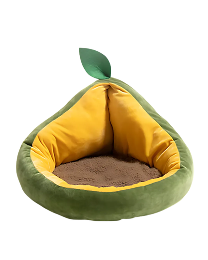 Avocado-shaped pet bed with green exterior and yellow interior on a white background