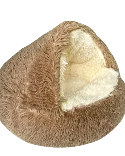 Brown and white plush donut-shaped pet bed on a white background