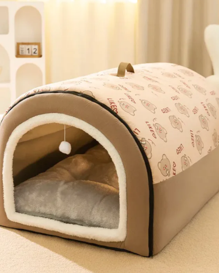 Pet bed with teddy bear pattern on a soft surface