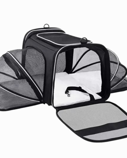 Pet carrier with mesh sides on a white background