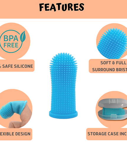 Blue silicone tool with features listed on a peach background