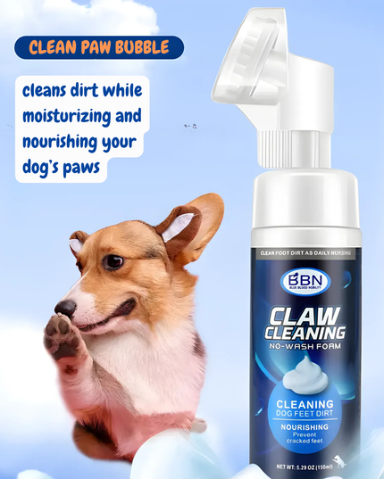 Dog paw cleaning spray with a corgi and product packaging on a blue background