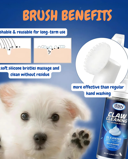 Dog claw cleaning product with benefits highlighted on a blue background