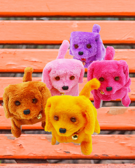 Five colorful plush dog toys on a wooden bench