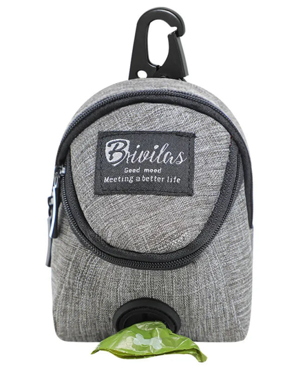 Gray pouch with a carabiner and visible branding on a white background