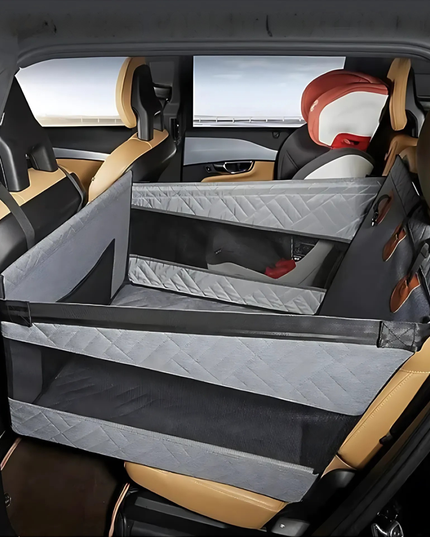 Pet dog car seat in a vehicle with beige and black interior