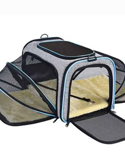Pet carrier with open front panel on a white background