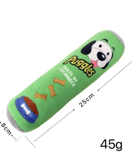 Green dog toy with cartoon dog face and measurements on a white background