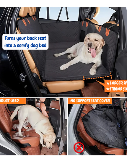 Car seat cover for pets with a dog lying on it, showing its use and benefits.