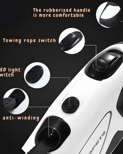 Close-up of a white and black device with switches labeled on a dark background