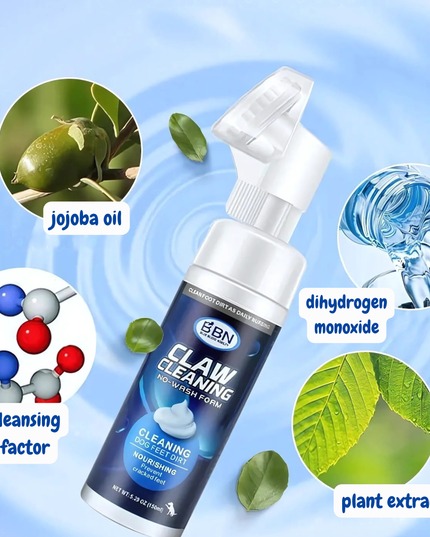 Spray bottle labeled 'Claw Cleaning' with ingredients like jojoba oil, dihydrogen monoxide, cleansing factor, and plant extracts on a blue background.