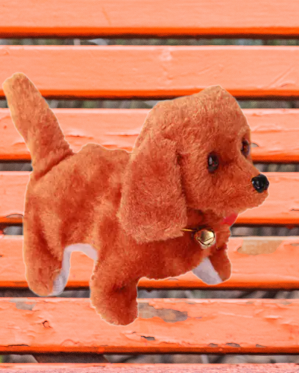 Plush dog toy on an orange bench