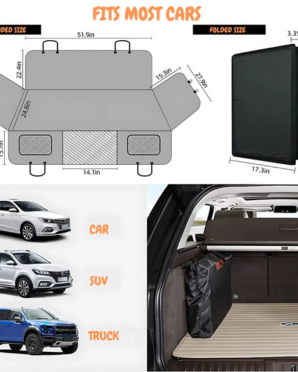 Car trunk mat with dimensions and compatibility with cars, SUVs, and trucks.