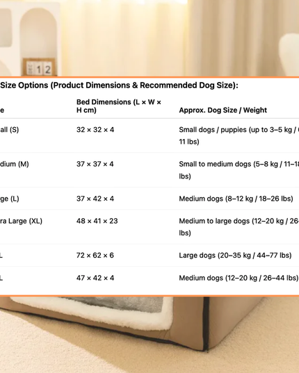 Dog bed size chart with dimensions and recommended dog sizes on a blurred background