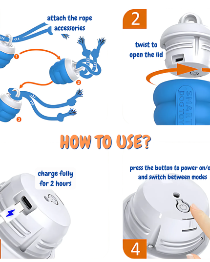 Instructions for using a blue and white electronic device with charging and operation details.