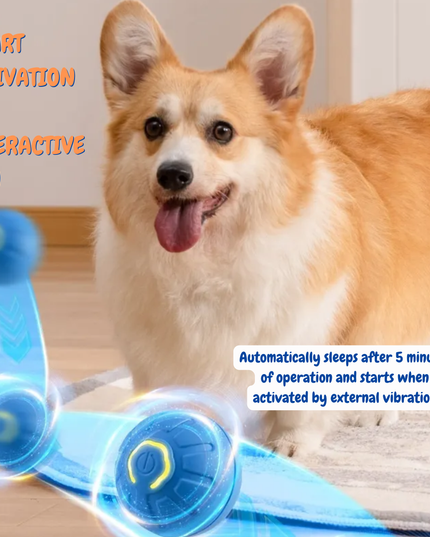 Dog playing with a blue toy with text about smart activation
