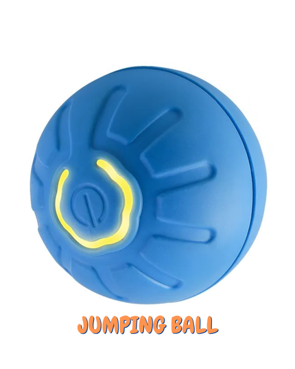 Blue 'jumping ball' with a yellow center on a white background