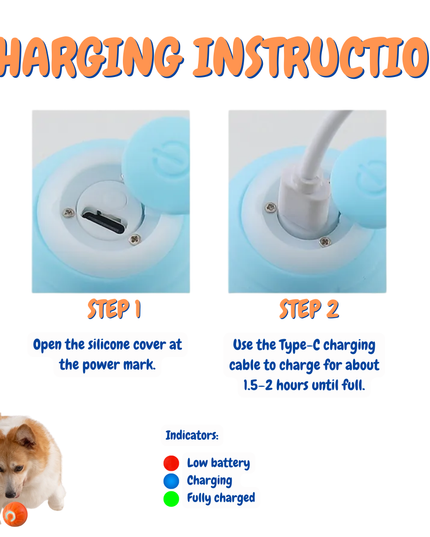 Instructions for charging a device with a dog and ball illustration.