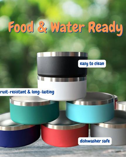 Two stainless steel bowls with capacities labeled '64oz' and '32oz' on a blurred green outdoor background.