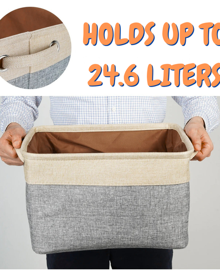 Person holding a gray and beige storage basket with text indicating capacity, on a plain background.