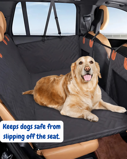 Dog sitting on a car seat cover with text 'Keeps dogs safe from slipping off the seat.'