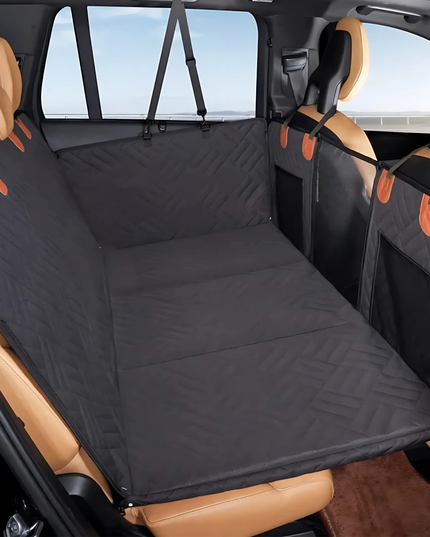 Car seat cover installed in a vehicle with beige interior