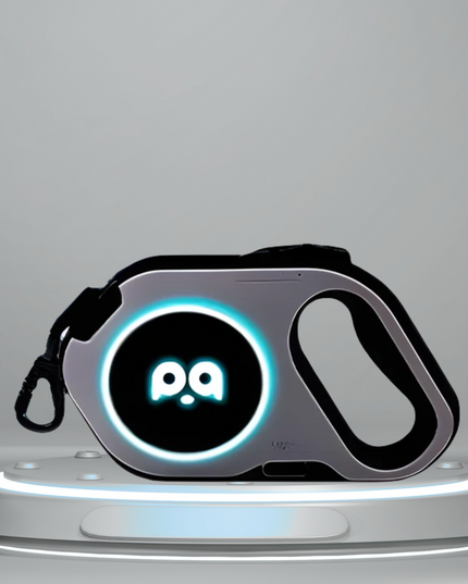 Pet leash with glowing logo on a gray background