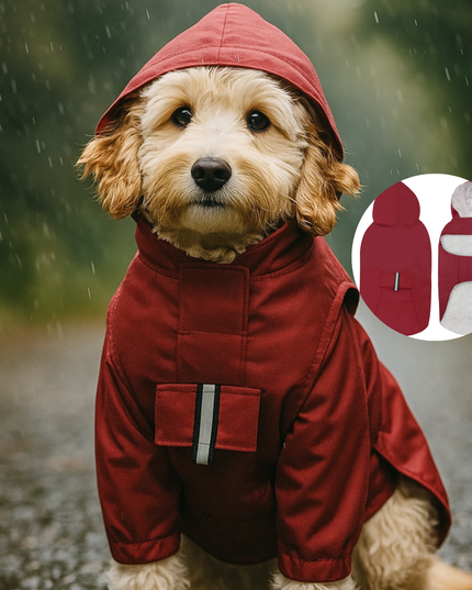 Dog wearing a red raincoat with a hood in a rainy outdoor setting