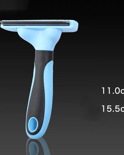 Blue and black razor with measurements on a black background