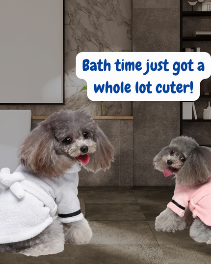 Two dogs wearing bath robes in a bathroom setting with text 'Bath time just got a whole lot cuter!'.