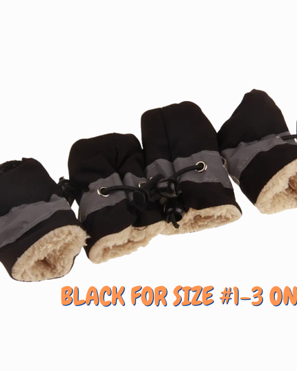 Four black and gray dog boots with brown soles on a white background.