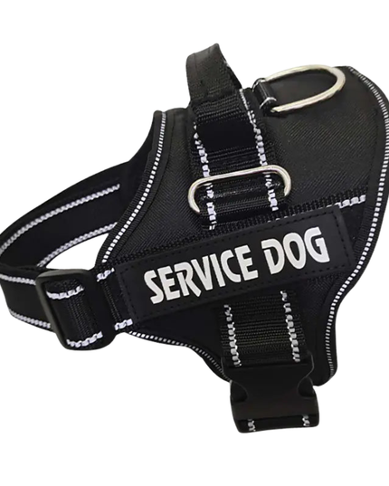 Black 'SERVICE DOG' harness on a white background