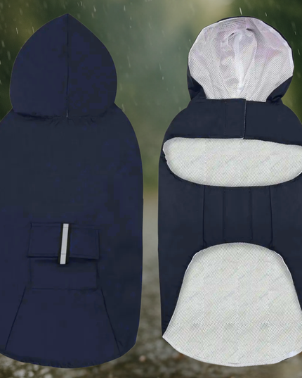 Navy blue and white baby carrier with hood shown from front and back on a blurred green background.
