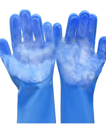 Pair of blue gloves with silicone scrubbers on a white background