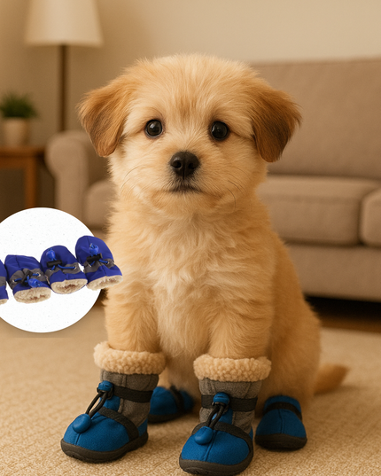 Puppy wearing blue dog boots in a living room setting