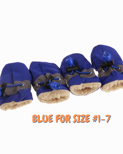 Set of blue dog boots with brown soles on a white background