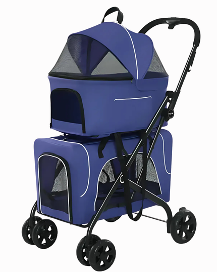 Blue pet stroller with black wheels on a white background