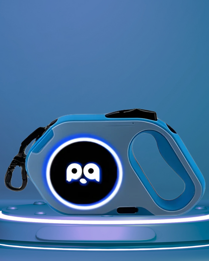 Pet leash with a glowing logo on a blue background