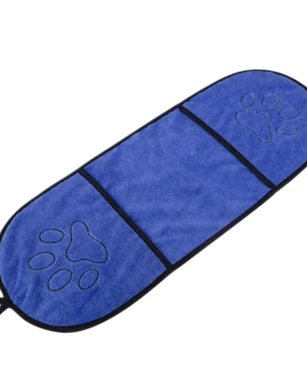 Blue towel with paw prints on a white background