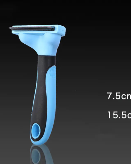 Blue and black pet grooming tool on a dark background with measurements indicated.