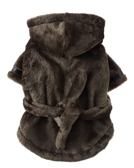 Brown plush robe with hood on a white background
