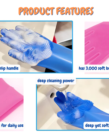 Silicone cleaning gloves with features highlighted on a white background