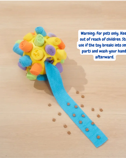 Colorful dog toy with a warning label on a wooden surface