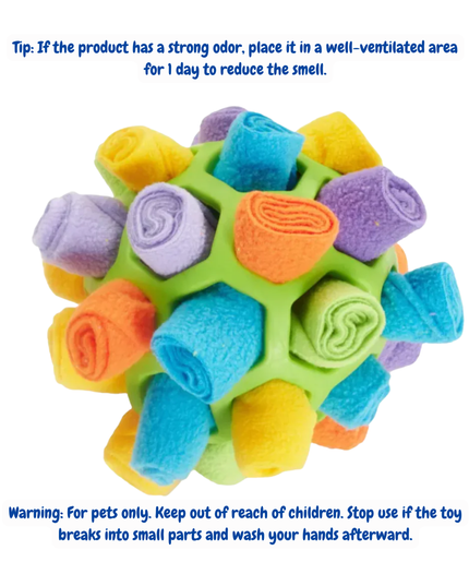 Colorful textured dog toy with warning and care instructions on a white background
