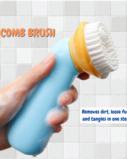Hand holding a comb brush with text on a tiled background