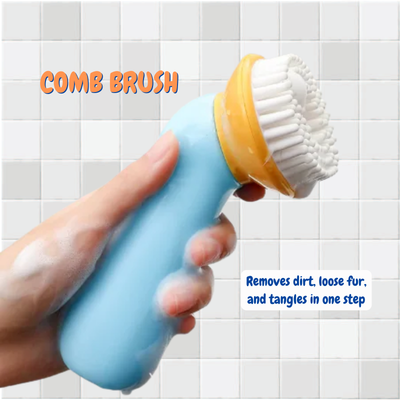 Hand holding a comb brush with text on a tiled background
